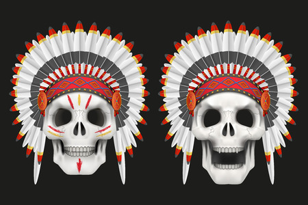 Set of Human skulls with Military indian chief hat. Vector Illustration on isolated black background.のイラスト素材