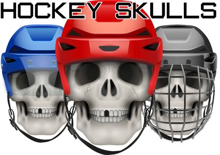 Set of skulls with ice hockey helmet. Vector Illustration on isolated white background.のイラスト素材