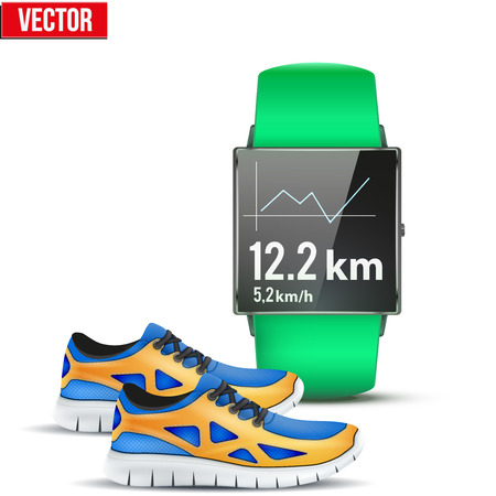 Design example sport wrist Smartwatch for run and fitness with chart on display and sneakers. Vector Illustration on white background.のイラスト素材