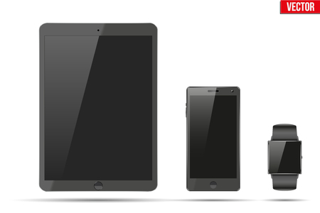 Smartwatch, tablet PC and touchscreen smartphone. Mock-up design. Vector Illustration isolated on white backgroundのイラスト素材