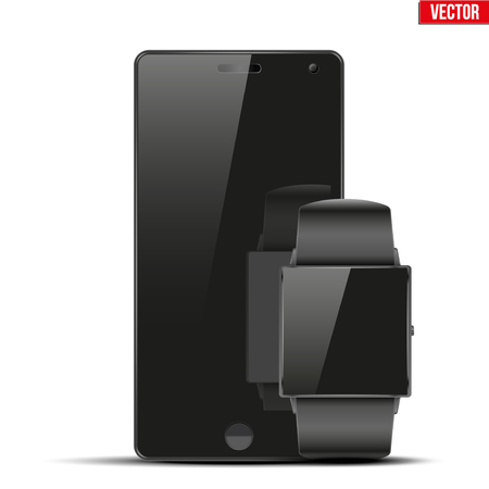 Smartwatch and touchscreen smartphone. Mock-up design. Vector Illustration isolated on white backgroundのイラスト素材