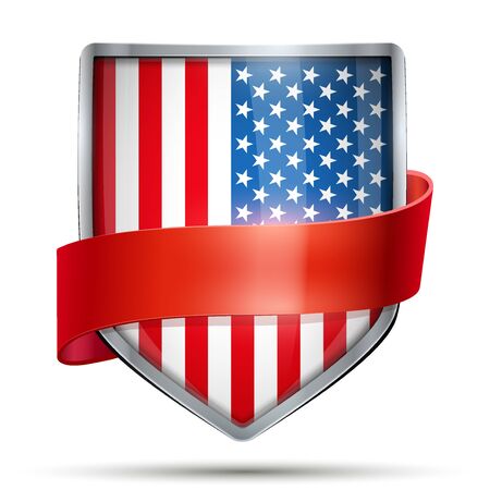 Shield with flag USA and ribbon. Editable Vector Illustration isolated on white background.のイラスト素材