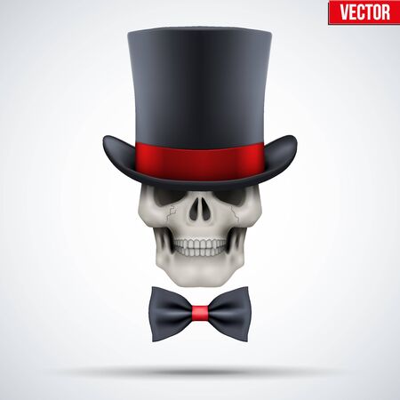 Human skull with cylinder hat and bow tie. Gentleman symbol. Vector Illustration on isolated white backgroundのイラスト素材