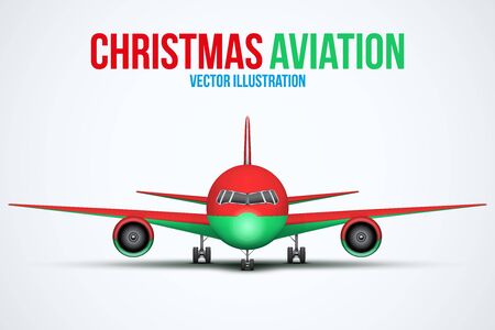 Front view of Civil Aircraft in Christmas style standing on the chassis. Public or private plane. For business and holiday travel design. Vector Illustration isolated on background.のイラスト素材