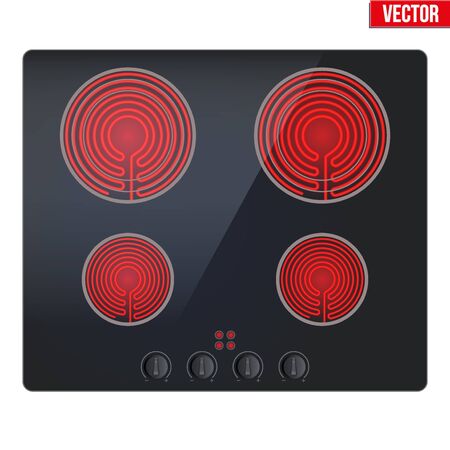 Surface of black electric hob with enabled burners. Top view of electric stove. Domestic equipment. Editable Vector illustration Isolated on white background.のイラスト素材