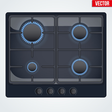 Surface of black gas hob is on and with flame. Top view of stove. Domestic equipment. Editable Vector illustration Isolated on white background.のイラスト素材