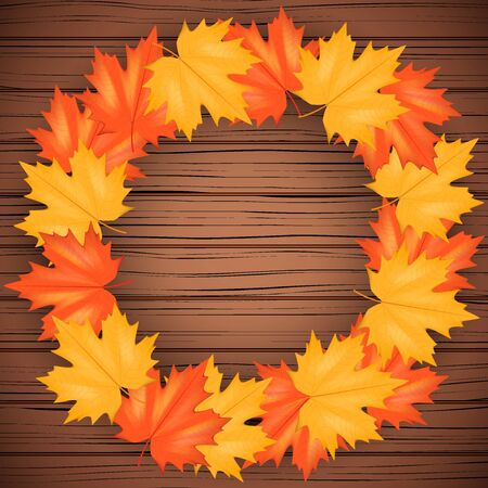 Red and Yellow Autumn Leaves Pattern Background with circle for your text on wood backdrop. Square format. Vector Illustration isolated on white background.のイラスト素材
