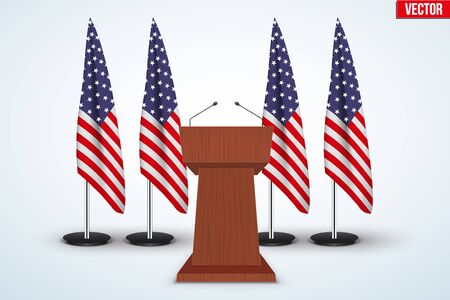 Wooden Podium Speaker Tribune with United States flags on background. US Election 2016 symbol. Vector Illustration Isolatedのイラスト素材