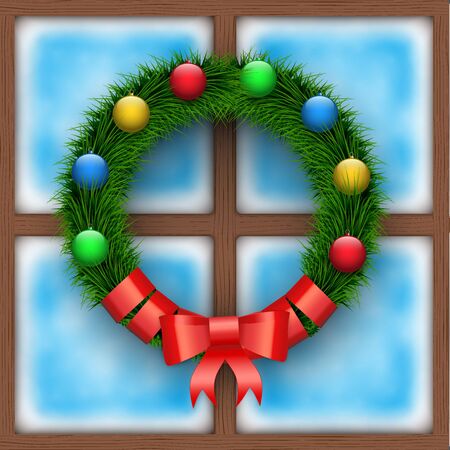 Frosted window with Christmas wreath. Merry Christmas Holiday card. Square wooden window. Vector Illustration Isolated on backgroundのイラスト素材