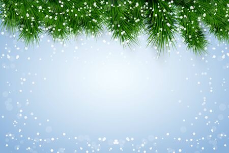 Christmas background with spruce fir tree and snow. Top view. Winter Holiday xmas mockup and backdrop. Vector Illustration.のイラスト素材