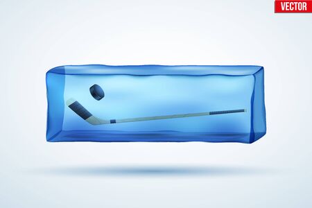 Frozen cube with ice hockey sticks and puck. Sporting symbol and sign. Vector Illustration isolated on background.のイラスト素材