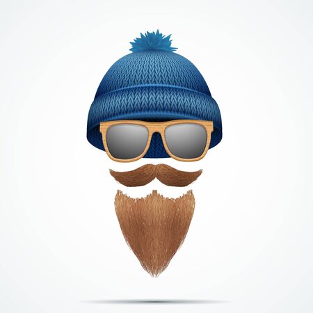 Symbol of Hipster and Lamberjack. Wool knitten cap with beard and mustache and sunglasses. Fashion icon of male. Vector illustration Isolated on white background.のイラスト素材
