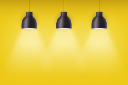 Vintage metal stylish cone lamps on yellow painting wall. Original Retro design. Hang ceiling model. Vector illustration Isolated on white background.のイラスト素材