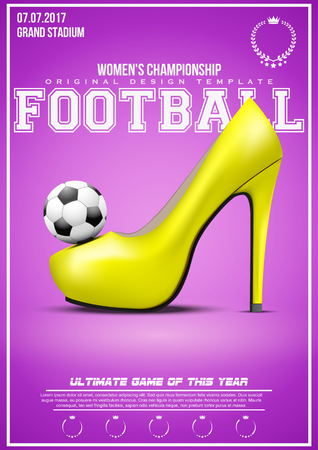 Sporting poster of woman football and soccer. High-heeled shoe with Ball and at background with text and signs. Placard and announcement. Editable Vector Illustration.のイラスト素材