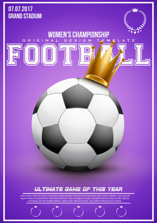 Sporting poster of women football and soccer. Ball with princess gold crown at background with text and signs. Placard and announcement. Editable Vector Illustration.のイラスト素材