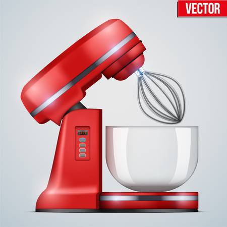 Red Stand Mixer. Opened Food blender. Electronic Kitchen appliance. Realistic Original design. Concept of Health food and drink. Vector Illustration isolated on background.のイラスト素材