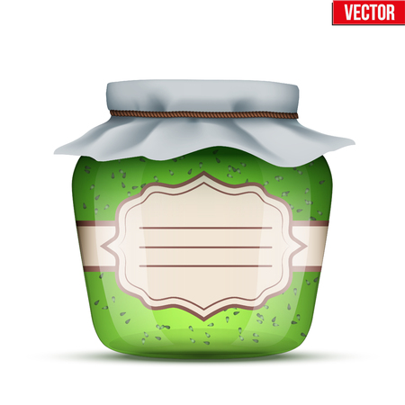 Canning Glass Jar with kiwi jam and closed cloth cover. Jar with label. Vector Illustration isolated on white background.のイラスト素材