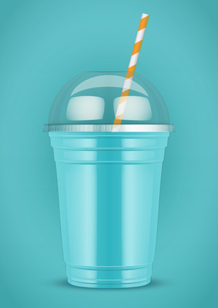 Plastic cup with smoothie and tube on color background. Presentation Poster for milkshake and lemonade and smoothie. Azure color. Vector Illustration.のイラスト素材