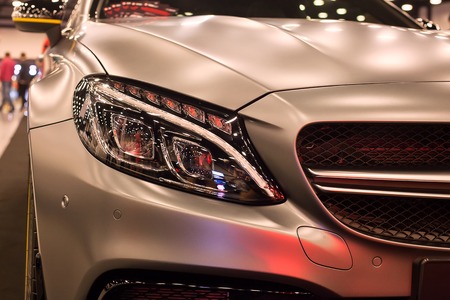 SAINT-PETERSBURG, RUSSIA - JULE 23, 2017: Front view of Mersedes-Benz AMG on Royal Auto Show. Close up of Car hood and radiator with headlampのeditorial素材