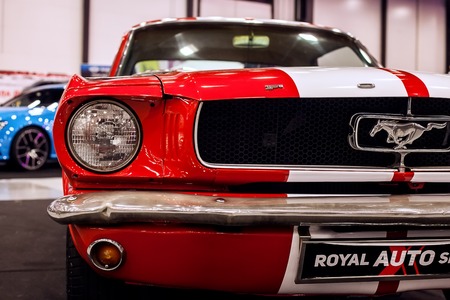 SAINT-PETERSBURG, RUSSIA - JULE 23, 2017: Front view of Classic Ford Mustang GT 390 on Royal Auto Show. Close up of Car hood and radiator with headlampのeditorial素材