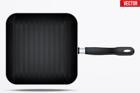 Realistic top view squared shape classic Metal black grill pan with handle.のイラスト素材