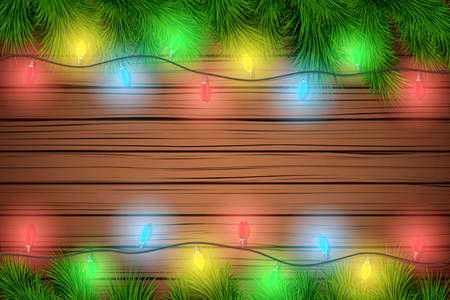 Christmas wooden background with garland lights decorations and Christmas wooden background with spruce fir tree. Top view. Winter holiday xmas mockup and backdrop. Vector Illustration.のイラスト素材