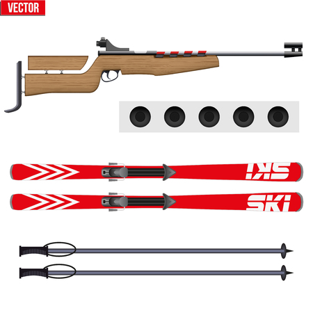 Set of Biathlon sport. Rifle with target and ski. Sporting equipment for winter games. Vector Illustration isolated on white background.のイラスト素材