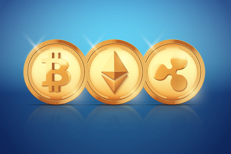 Top Coin of Cryptocurrency. Bitcoin and Ethereum and Ripple. Gold coins on blue backdrop. Vector Illustrationのイラスト素材