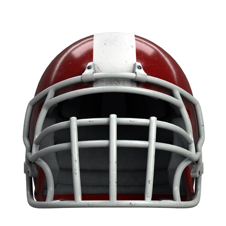 Old American Football Helmet. Red helmet with dirt and scratches. Front view. Oldschool Used Sport Equipment. 3D render Illustration isolated on a white background.の写真素材