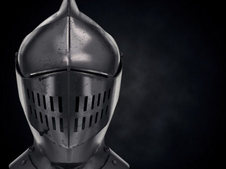Background with Medieval Knight Armet Helmet. Front view with space for text. Used for tournaments or battlefields. Metal Helmet vith visor. 3D render Illustration.の写真素材