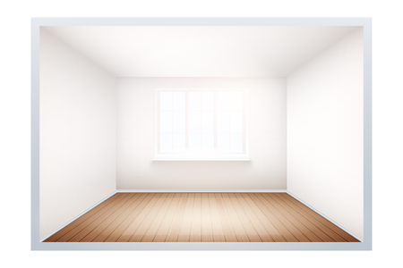 Example of an empty room with white walls and a window. Simple interior without furnish and furniture. Sunlight falls from the window to the wooden floor. Imitation of three-dimensional space. Vector.のイラスト素材