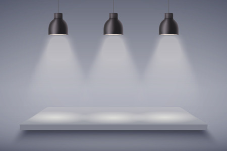 Light box with Black and white platform on with three vintage pedant cone lamps. Editable Background Vector illustration.のイラスト素材