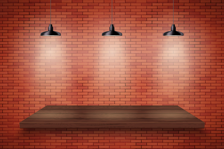 Light box with brick wall and wood platform with three vintage pedant cone lamps. Editable Background Vector illustration.のイラスト素材
