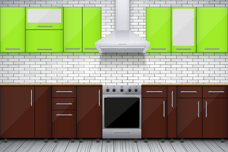 Typical modular kitchen. Brick wall and cabinets with kitchen hoods. Sample of domestic architecture. Vector Illustrationのイラスト素材