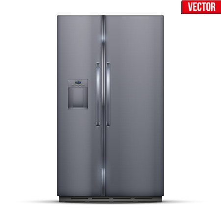 Modern Smart Fridge Freezer refrigerator with double doors in silver color. Household tech and appliances. Vector Illustration isolated on white background.のイラスト素材