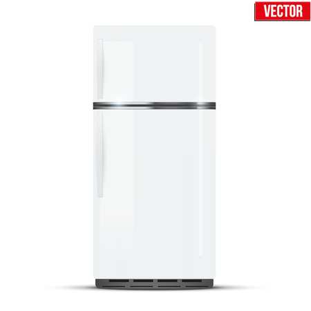 Modern Fridge Freezer refrigerator in white color. Household tech and appliances. Vector Illustration isolated on white background.のイラスト素材