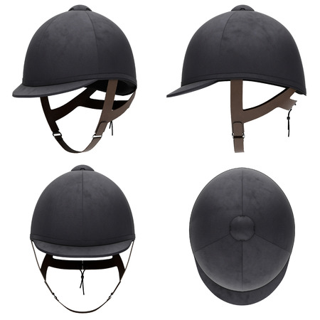 Set of Classic Jockey helmets for horse-riding athlete. All side view. Velvet material. 3D render Illustration isolated on a white background.の写真素材