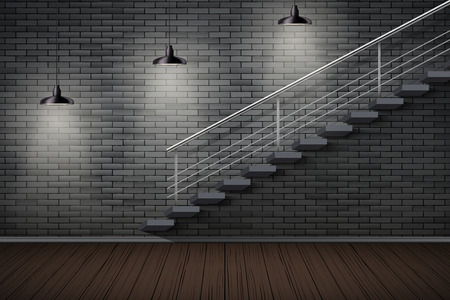Dark brick wall and staircase. Prison or loft interior with cone pedant lamps. Vintage jail and prison cell. Concept design for quest rooms and escape games. Vector Illustration.のイラスト素材