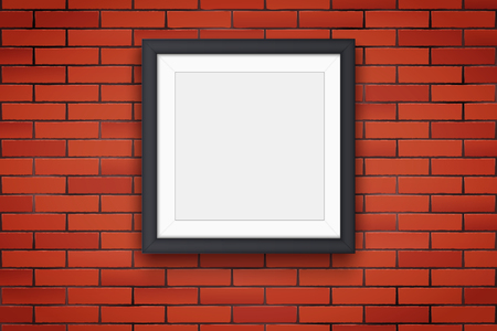 Red brick wall with modern square picture frame. Mockup black frame for image and advertising. Poster Closeup view. Vector Illustration.のイラスト素材