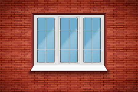 Metal plastic PVC big window in brick wall. Outdoor view. Presentation of models and frame installation. White color. Sample Vector Illustration isolated on white background.のイラスト素材