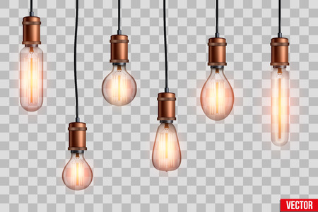 Decorative Retro design edison light bulb set. Lamps of different shapes. Vintage and antique style with copper. For loft and cafe. Vector Illustration isolated on transparent background.のイラスト素材
