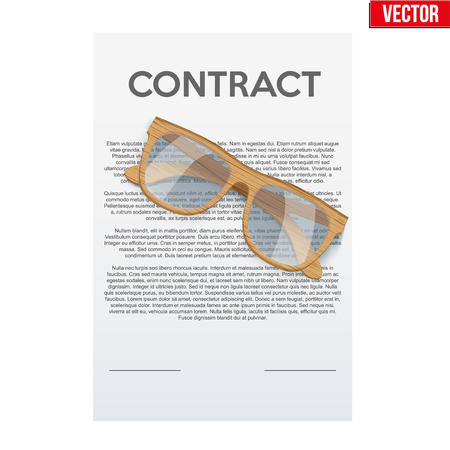 Concept of attentive and careful research Legal contract before signing. Contract document and glasses. Vector illustration isolated on background.の写真素材