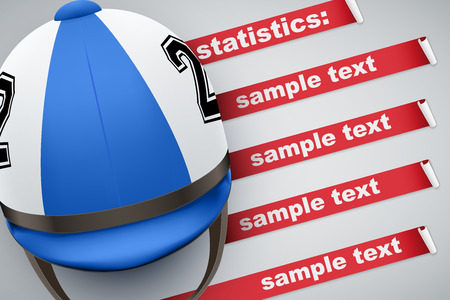 Background of Hippodrome Horseride sports. Infographic of list and schedule of horseman jockey and statistics. Horserider helmet on spase for text. Vector Illustration.のイラスト素材