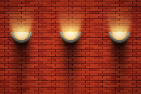 Interior of red brick wall with sconce lamps on wall. Vintage loft room and fashion interior. Vector Illustrationのイラスト素材