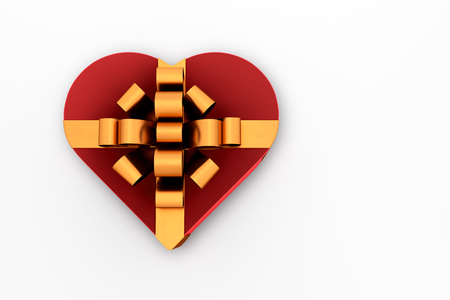 Gift Box of Heart Shape with ribbon bow. Red box and Golden ribbon. Holiday Design in Minimal Style. 3D render Illustration.の写真素材