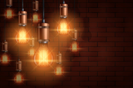 Decorative vintage edison light bulb background. Hanging lightbulbs retro style. Warm charm Illumination. Vector Illustrationのイラスト素材