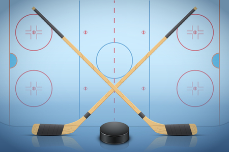 Background Template of Ice Skating Hockey with sticks and puck. Poster of Recreation Advertising and Announcement. Vector Illustration.のイラスト素材