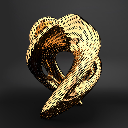 Art Modern Object Installation. 3D Printer Futuristic Smooth curved lines of an abstract object. Golden color on dark background. 3D render Illustrationの写真素材