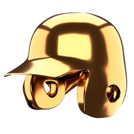 Classic Golden Baseball batting helmet. Perspective view. Sport trophy and cup. Blank 3D render illustration Isolated on a white background.の写真素材