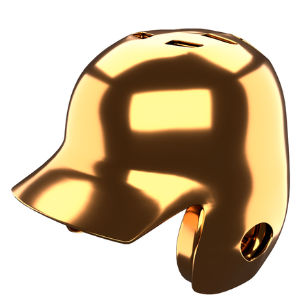 Classic Golden Baseball batting helmet. Perspective view. Sport trophy and cup. Blank 3D render illustration Isolated on a white background.の写真素材